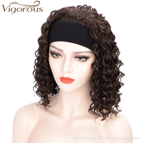 Vigorous Curly Synthetic Wigs for White Women Mixed Brown Colors African American Wigs Short 3/4 Half Wigs with Headband